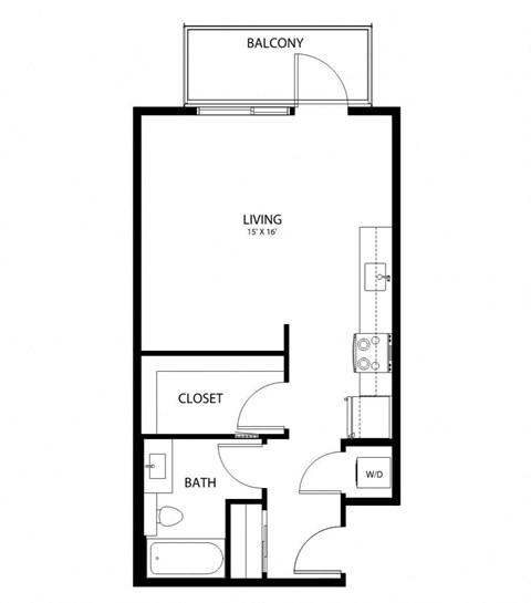 A black and white drawing of a living room, bathroom, and balcony layout.
